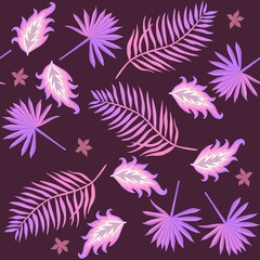 Seamless pattern with tropical leaves of fantastic pink- white-lilac colors isolated on a black background. Natural print for fabric in vector.