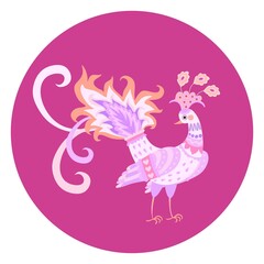 Cute cartoon peacock isolated in hot pink color circle in vector. Print for dishes, t-shirts, pillows, bags.