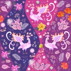 Beautiful romantic patchwork pattern with firebirds, palm leaves, flowers, hearts, small spots on bright blue, crimson, purple backgrounds in vector. Seamless print for fabric.  Vintage style.