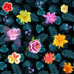 Foto op Plexiglas Seamless print with bright garden flowers and green palm leaves on a black background. © Happy Dragon