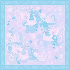 Delicate winter ornament for scarf, handkerchief with peacocks, palm leaves, flowers, clouds and openwork frame in the sky, soft lilac, blush color scheme in vector. Fashion accessory in vintage style