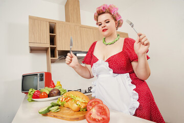Big woman gona to eat fast food with fork and knife . Red hair fat girl in curlers with eyes closed...
