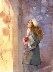Christmas illustration. A girl in a white beret and coat with a gift in her hands looks at decorated showcases. Watercolour. - 499386602