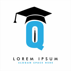 Initial Letter Q With Graduation Cap Logo. Education Logo, Pen Logo Design vector, Graduation Hat Education Logo Design Vector
