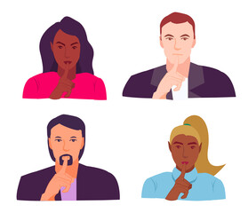 Shhh... Collection of man and woman keep finger on lips, demonstrate silence sign, have a secret. Editable vector illustration
