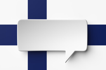 Social media notification icon, white bubble speech on the background of the flag of Finland. 3D rendering