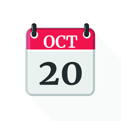 October 20 Calendar Icon. Calendar Icon with white background. Flat style. Date, day and month