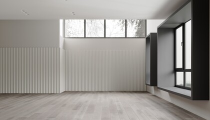3d rendering of modern empty living room with wooden floor, wall with big black window on nature background