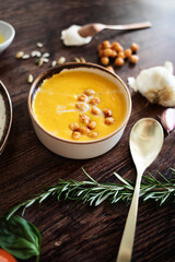 Pumpkin and chickpea cream. Close up. Ready to eat food. Mediterranean food.