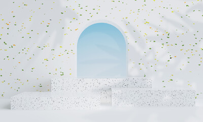 Terrazzo marble podium with wall arch background for product presentation. Mock up for exhibitions, 3d illustration