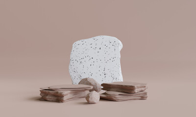 Rock podium on earth tone colour background for product presentation. Natural beauty pedestal, relaxation and health, 3d illustration.