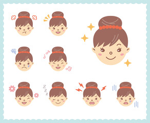女性の喜怒哀楽の感情　顔アイコン　セット36