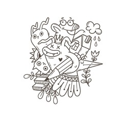 Coloring book antistress with funny creatures. Doodle print with fantasy characters. Line art poster.