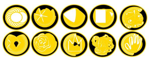 Abstract logos in gold color in assortment. Round icons for web design. Gold on black.