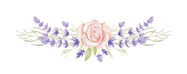 Watercolor lavender and rose flower wreath, bouquet. Provence floral arrangement. Vintage garden. Botanical clipart. Hand painted illustration © LuckPicture