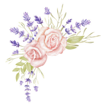 Watercolor lavender and rose flower bouquet. Provence floral arrangement. Vintage garden. Botanical clipart. Hand painted illustration for greeting card.