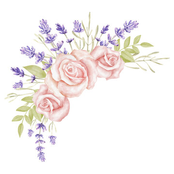 Watercolor lavender and rose flower bouquet. Provence floral arrangement. Vintage garden. Botanical clipart. Hand painted illustration for greeting card.