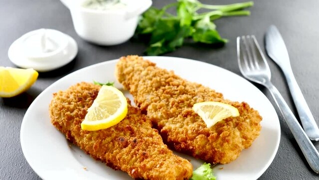 fried breaded fish fillet and sauce