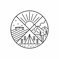 Nature camping lake and mountain in mono line art, patch badge design, emblem design, T-Shirt Design