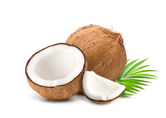 Coconut fruit with cut in half and leaves isolated on white background.