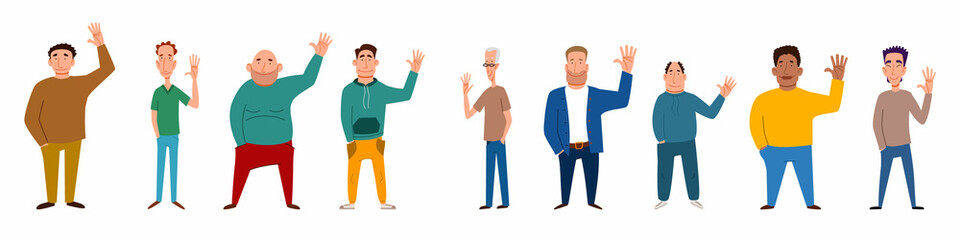 Fototapeta na wymiar Fashionable men in casual clothes say hello. A set of flat vector illustrations with a gesture of greeting people.
