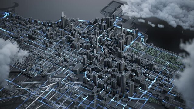 Model of a modern city. Aerial view of night city streets. Digital map of Chicago city. 3d animation