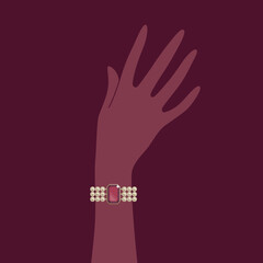 A female hand in a bejeweled bracelet of pearls on dark background. Jewellery concept. Decorative element for invitations, banners, cards. Vector illustration EPS10