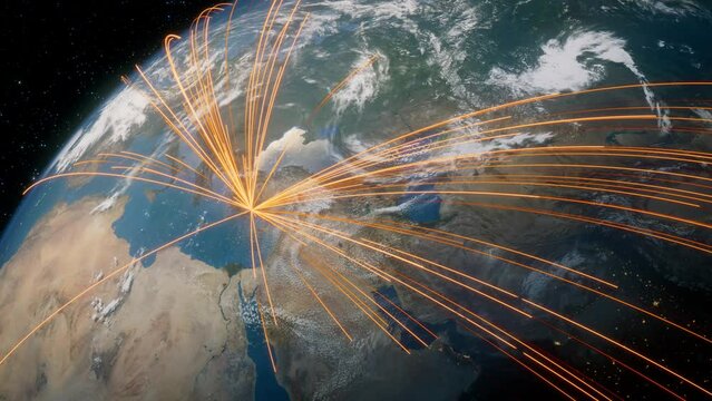 Earth in Space. Orange Lines connect Antalya, Turkey with Cities across the World. Worldwide Travel or Networking Concept.