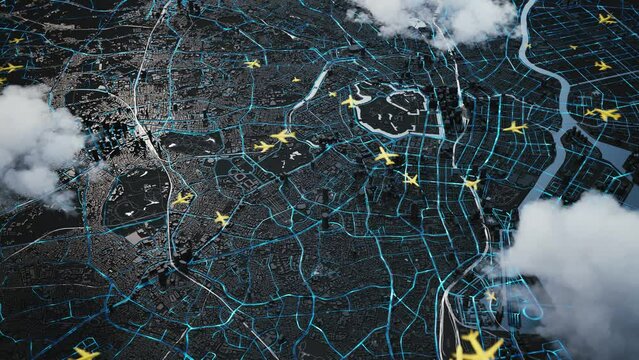 World Airplane Flight Travel. Air traffic over the city. Lots of planes in the sky. Planes over the city. 3d animation