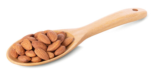 Almonds in a wooden spoon isolated on white background.