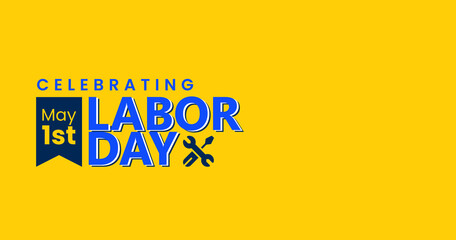 celebrating the 1st of may Labor day of America, worker tools are designed on a yellow background, Advertizing Banner for sale.