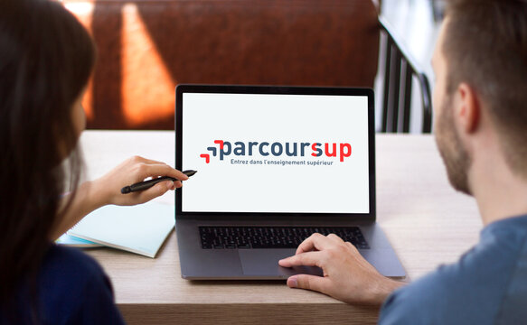 Parcoursup logotype on computer laptop. Admission platform in France.