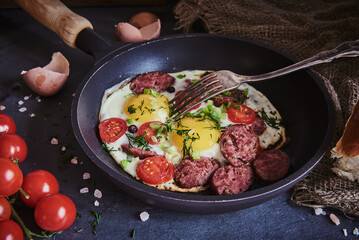 Fried eggs with smoked sausage in a frying pan.
