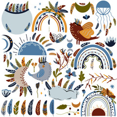 Obraz premium Bohemian tribal birds, rainbows, flowers and other. Collection mystic feathers. Modern nursery illustration in pastel colors. Vector illustration.
