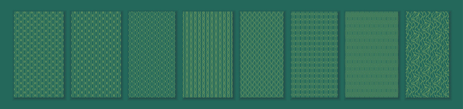 Set with golden line retro geometric seamless pattern on green jade background for vintage wallpaper and fabric