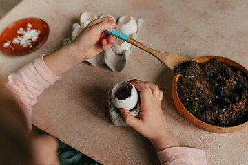 Close up of little girl planting seeds in a eggshells