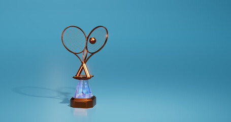 Bright Tennis Bronze Trophy with Racket and Ball on a soft light background