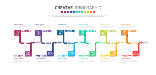Fototapeta na wymiar Timeline business for 12 months, Infographics element design and Presentation can be used for Business concept with 12 options, steps or processes. 