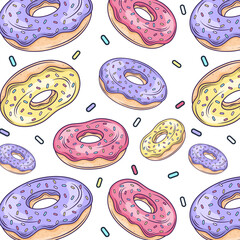 Donuts pattern, sprinkles and cakes food illustration pattern design. Hand drawn vector confectionary pattern. Sweet dessert illustration seamless pattern.