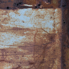 Old light blue painted grey rusty rustic rust iron metal frame background texture, horizontal aged damaged weathered scratched framed plain paint patch plate, grunge pattern copy space macro closeup