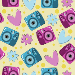Seamless pattern with camera. Summer vector illustration. Flower, camera and yellow background.