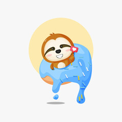 Cute sloth on a donut cartoon icon