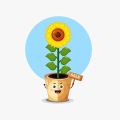 Cute sunflower character with sale sign