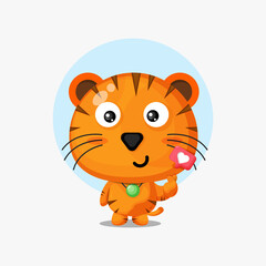 Cute tiger with love sign hand cartoon illustration