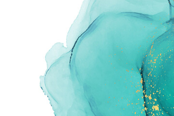 Modern watercolor background or elegant card design or wallpaper or poster with abstract turquoise ink waves and golden splashes.