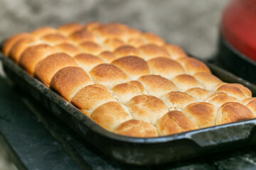 Freshly baked homemade delicious buns. Close up