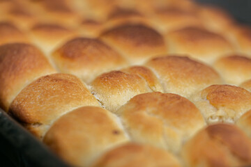 Freshly baked homemade delicious buns. Close up