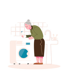 An old woman is going to wash clothes. Elderly people and life. Flat vector illustration.