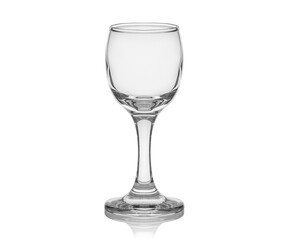 Empty transparent glass cup, shot glass, glass for wine, whiskey, cognac, martini, beer, juice and other drinks, isolated on white background. Dishes for bar, restaurant, pub.