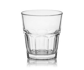 Empty transparent glass cup, shot glass, glass for wine, whiskey, cognac, martini, beer, juice and other drinks, isolated on white background. Dishes for bar, restaurant, pub.
